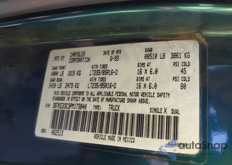 1993 Dodge D-Series D200/D250 из США, поврежденный, VIN 3B7KE23C3PM173840